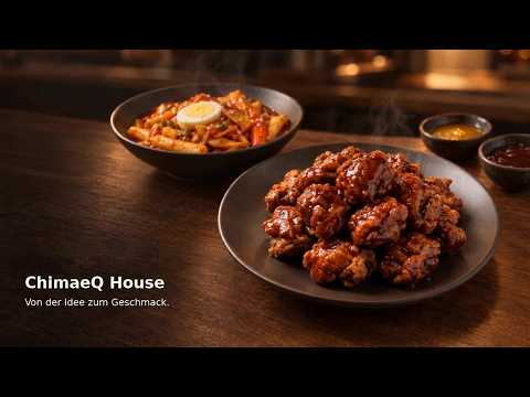 Chef's hands pouring a glossy sauce over crispy fried chicken for ChimaeQ House